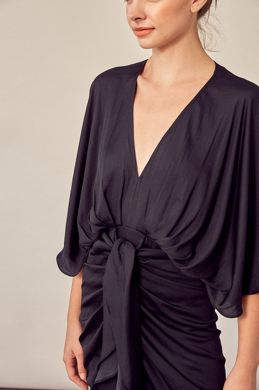 STYLED BY ALX COUTURE MIAMI BOUTIQUE WOMENS DRESS BLACK Black Front Tie Kimono Style Dress