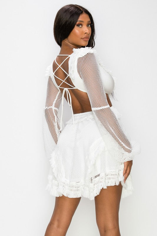 STYLED BY ALX COUTURE MIAMI BOUTIQUE White Mesh Long Sleeve Mini Dress