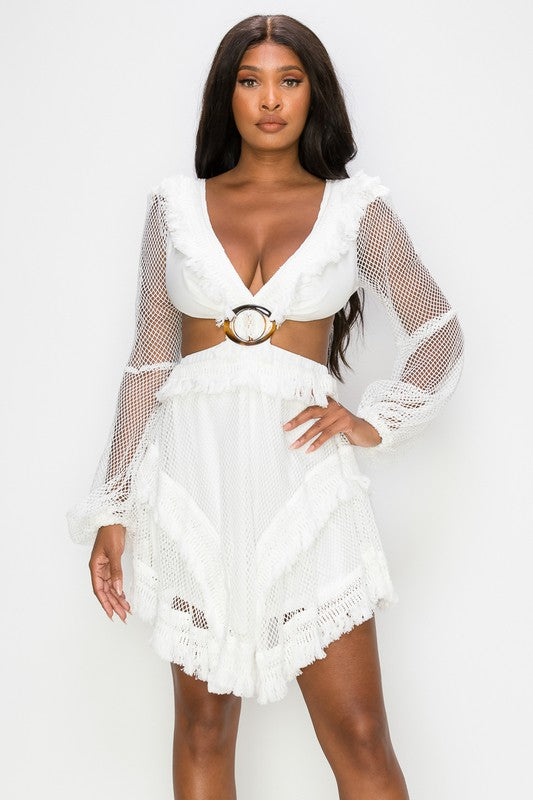 STYLED BY ALX COUTURE MIAMI BOUTIQUE White Mesh Long Sleeve Mini Dress