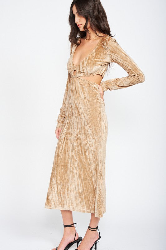 STYLED BY ALX COUTURE MIAMI BOUTIQUE WOMENS DRESS TAUPE Taupe V-Neck Velvet Midi Dress