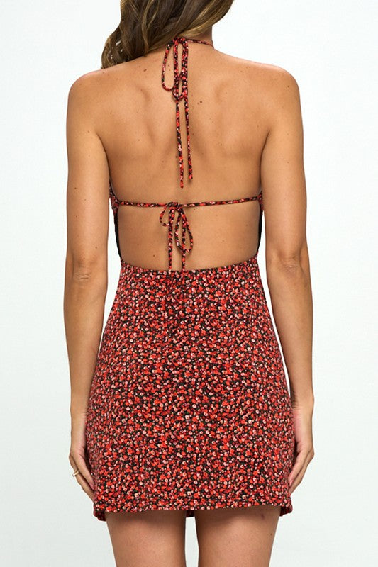 STYLED BY ALX COUTURE MIAMI BOUTIQUE Red Floral Halter Back Mini Dress