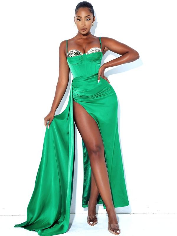 STYLED BYALX COUTURE MIAMI BOUTIQUE Green Satin High Slit Draping Corset Gown