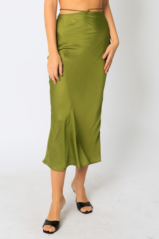 STYLED BY ALX COUTURE MIAMI BOUTIQUE Olive Satin Strappy Maxi Skirt
