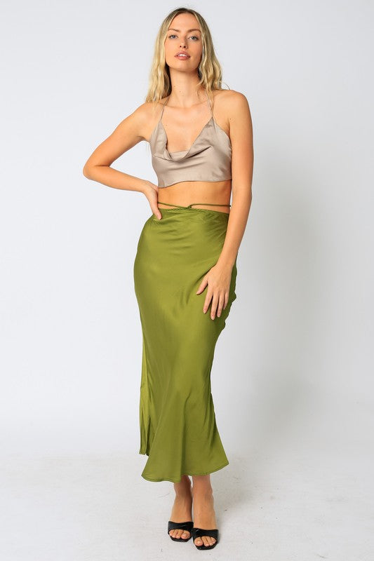 STYLED BY ALX COUTURE MIAMI BOUTIQUE Olive Satin Strappy Maxi Skirt