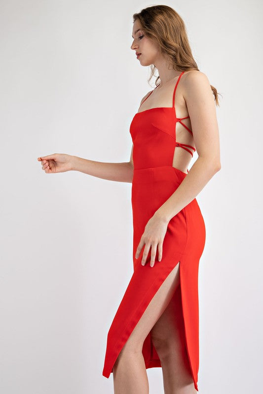 STYLED BY ALX COUTURE MIAMI BOUTIQUE WOMENS DRESS RED Red Skirt Slit Midi Dress