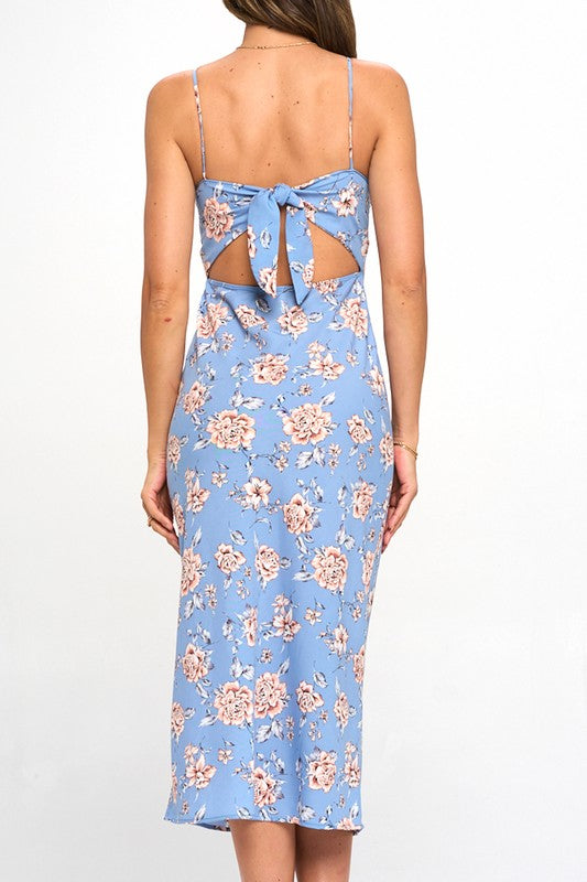 STYLED BY ALX COUTURE MIAMI BOUTIQUE WOMENS DRESS Blue Floral Tie Back Midi Dress