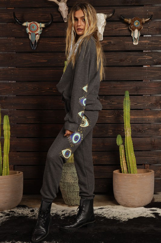 STYLED BY ALX COUTURE MIAMI BOUTIQUE Charcoal Evil Eye Sweatpants
