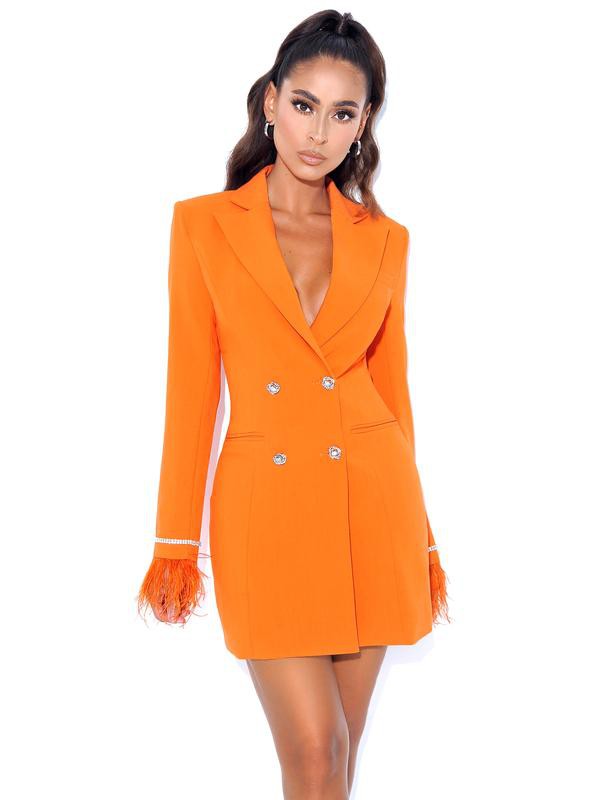 STYLED BY ALX COUTURE MIAMI BOUTIQUE Orange Feather Crystal Sleeve Blazer Dress