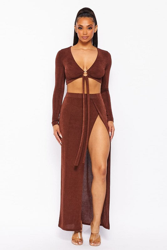 STYLED BY ALX COUTURE MIAMI BOUTIQUE WOMENS SKIRT SET BROWN Brown Long Sleeve Maxi Skirt Set