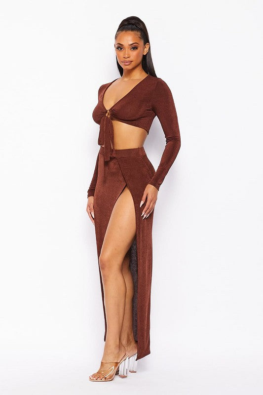 STYLED BY ALX COUTURE MIAMI BOUTIQUE WOMENS SKIRT SET BROWN Brown Long Sleeve Maxi Skirt Set