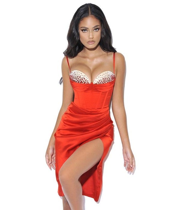 STYLED BY ALX COUTURE MIAMI BOUTIQUE WOMENS DRESS RED Red Satin Corset Dress with Crystals