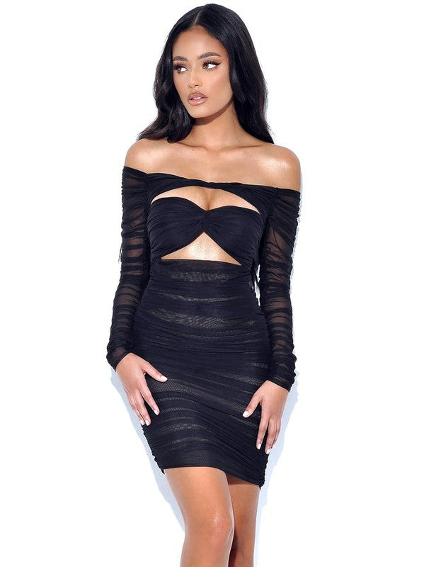 STYLED BY ALX COUTURE MIAMI BOUTIQUETierra Black Mesh Off Shoulder Cutout Dress