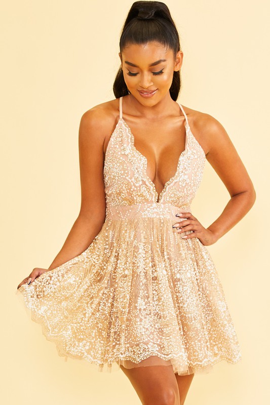 STYLED BY ALX COUTURE MIAMI BOUTIQUE Rose Gold Glitter Floral Mini Dress