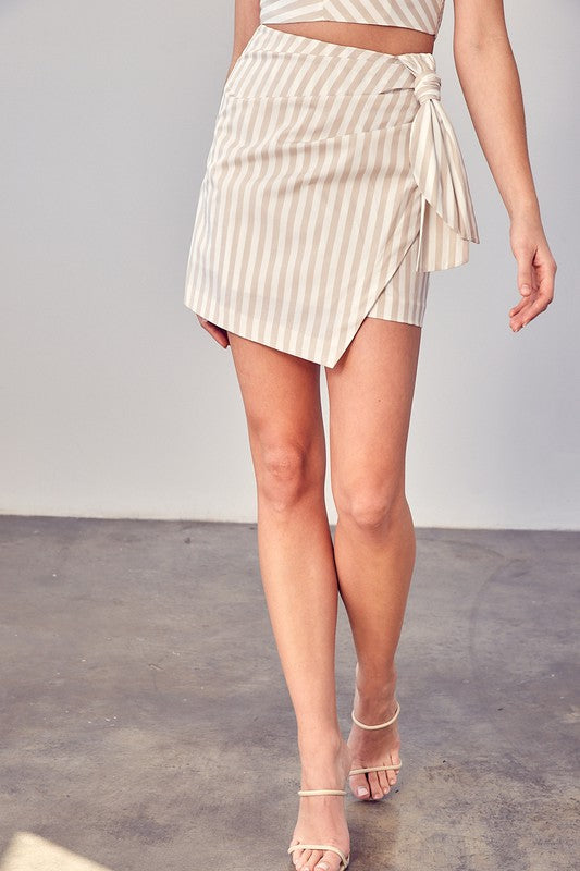 Taupe Striped Side Tie Skirt