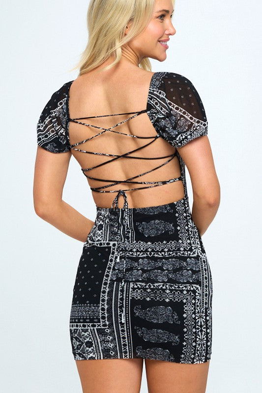 styled by alx couture miami Bandana Lace Up Bodycon Mini Dress