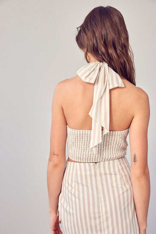 Taupe Striped Cross Neck Tie Crop Top