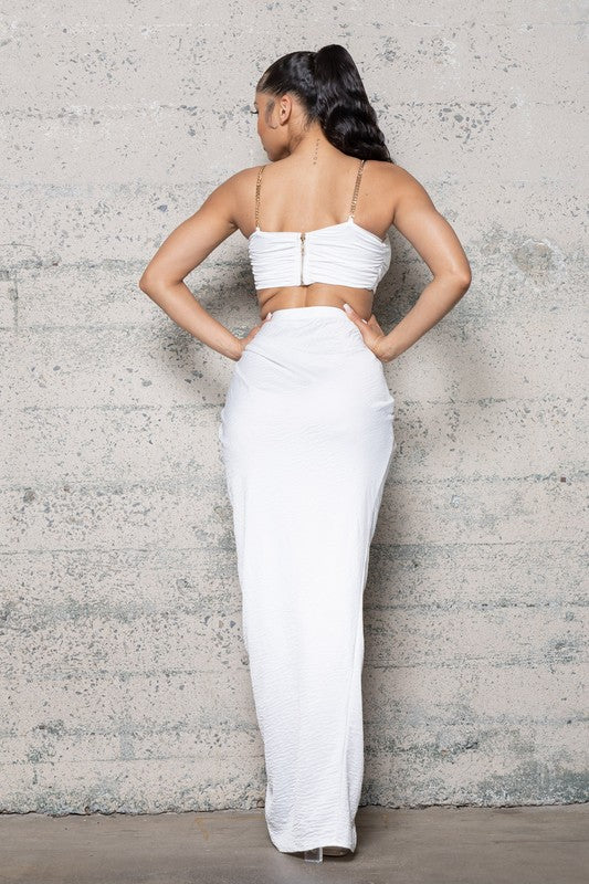 STYLED BY ALX COUTURE MIAMI BOUTIQUE White Satin Crinkle Top Skirt Set