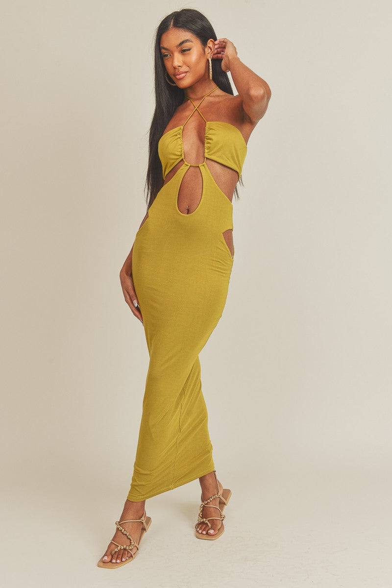STYLED BY ALX COUTURE MIAMI BOUTIQUE Tea Mustard Cutout Maxi Dress