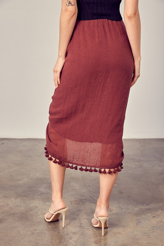 Burgundy Drawstring Tassel Trim Sarong Skirt