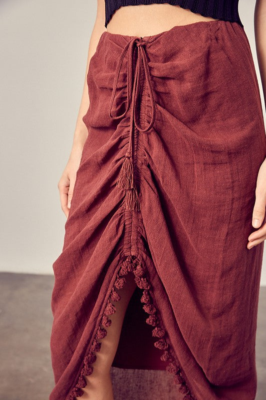 Burgundy Drawstring Tassel Trim Sarong Skirt
