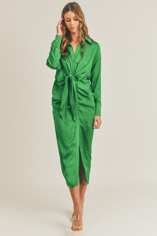 BSTYLED BY ALX COUTURE MIAMI BOUTIQUE Kelly Green Front Tie Midi Dress