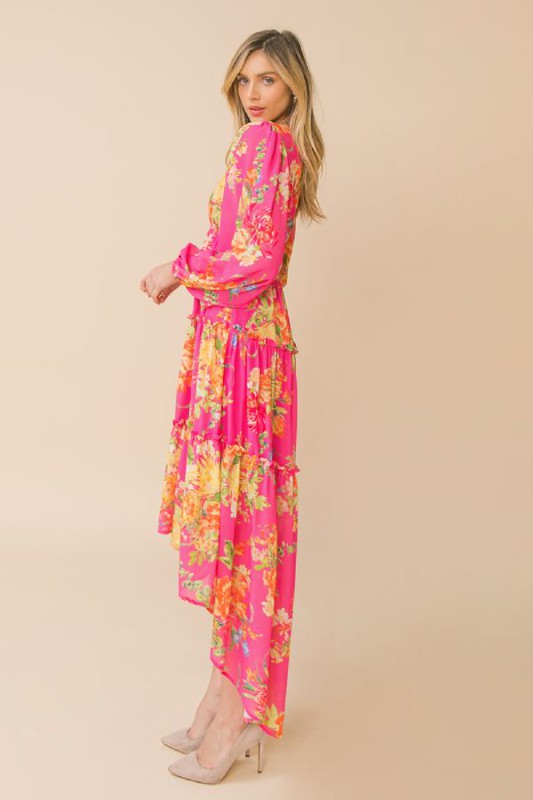 Pink Floral Print Midi Dress