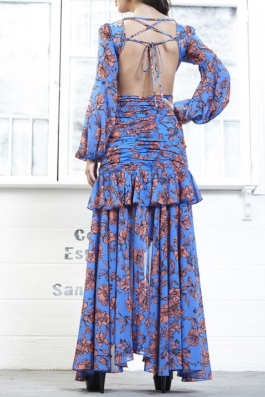 STYLED BY ALX COUTURE MIAMI BOUTIQUE Blue Floral Cutout Bodysuit Skirt Set