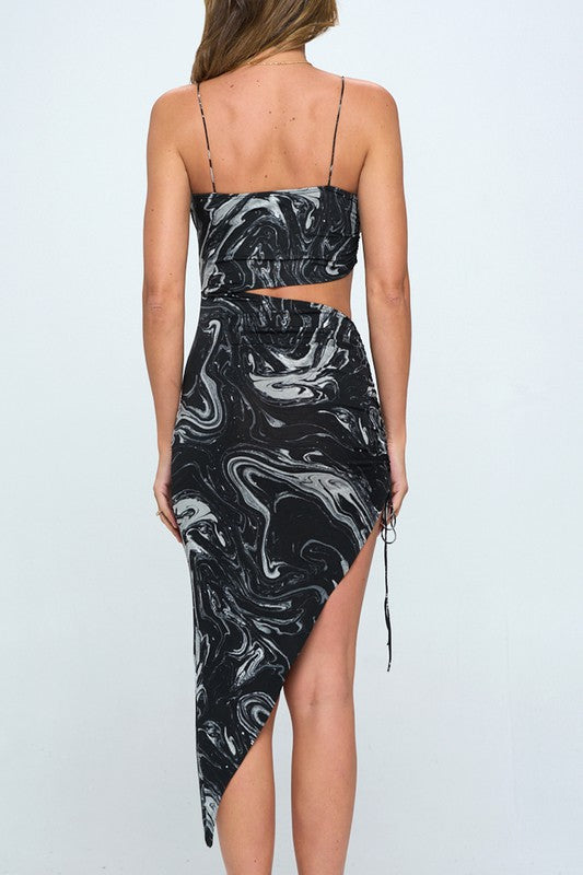 STYLED BY ALX COUTURE MIAMI BOUTIQUE Black Grey Marble Asymmetrical Cutout Dress