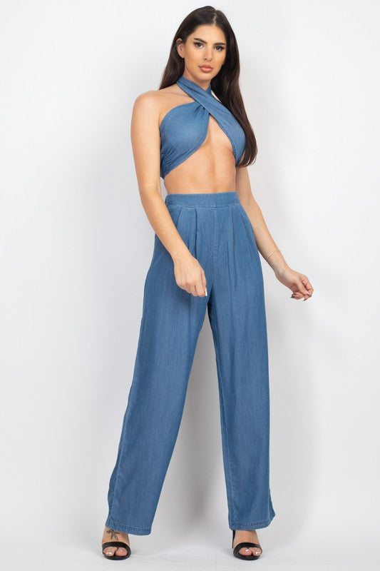 STYLED BY ALX COUTURE MIAMI BOUTIQUE Denim Tube Top Wide Pants Set