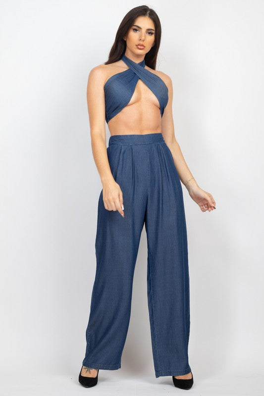 STYLED BY ALX COUTURE MIAMI BOUTIQUE Denim Tube Top Wide Pants Set