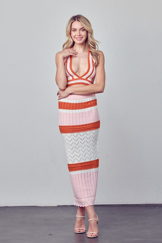 STYLED BY ALX COUTURE MIAMI BOUTIQUE Pink Striped Knit Sweater Skirt