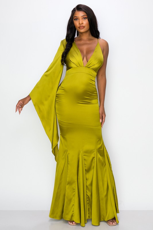 STYLED BY ALX COUTURE MIAMI BOUTIQUE Green Satin One Shoulder Maxi Dress