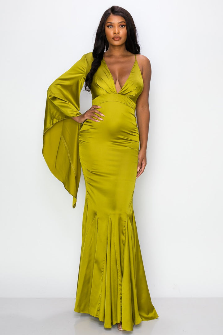 STYLED BY ALX COUTURE MIAMI BOUTIQUE Green Satin One Shoulder Maxi Dress