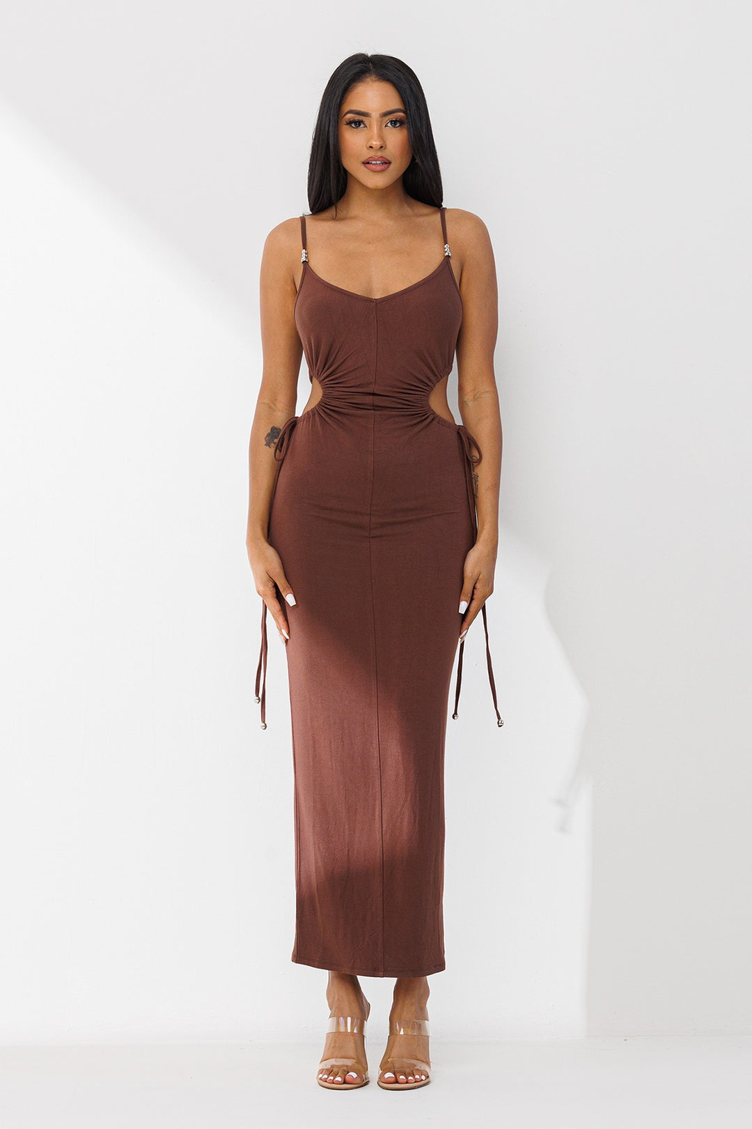 STYLED BY ALX COUTURE MIAMI BOUTIQUE Chocolate Jersey Side Cutout Maxi Dress