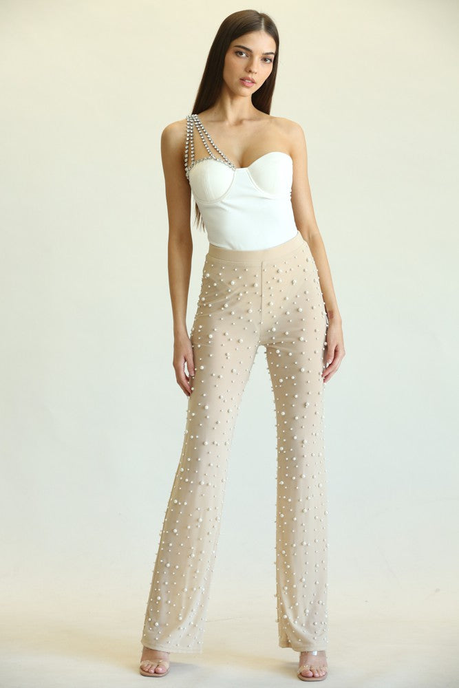 STYLED BY ALX COUTURE MIAMI BOUTIQUE White One Shoulder Rhinestone Bodysuit