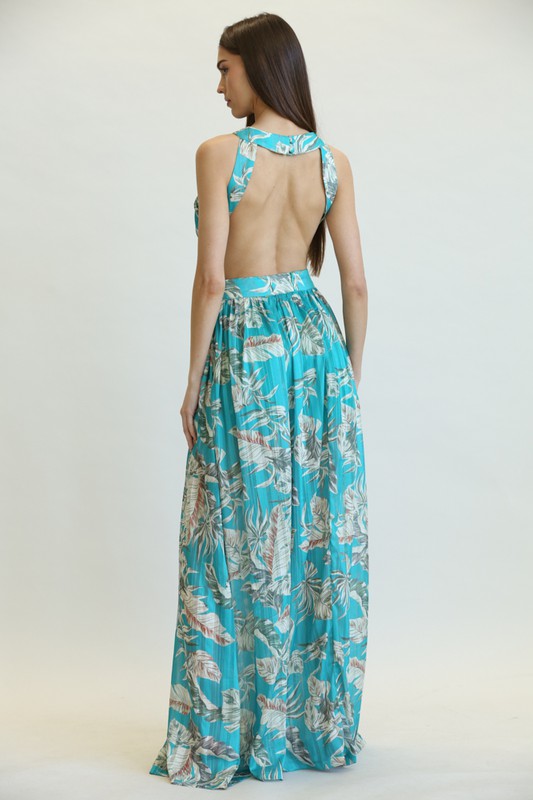Aqua Tropical Print Cutout Maxi Dress