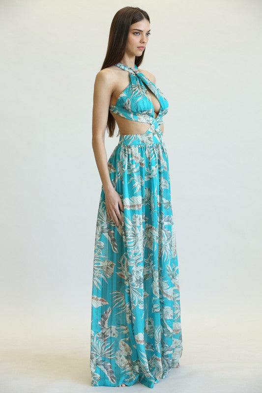 STYLED BY ALX COUTURE MIAMI BOUTIQUE Aqua Tropical Print Cutout Maxi Dress