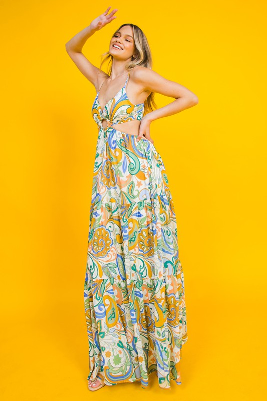 STYLED BY ALX COUTURE MIAMI BOUTIQUE Ivory Green Floral Print Maxi Dress