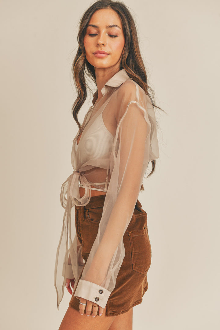 STYLED BY ALX COUTURE MIAMI BOUTIQUE Taupe Organza Tie Crop Top