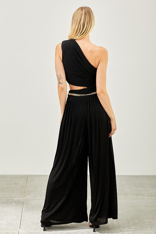 STYLED BY ALX COUTURE MIAMI BOUTIQUE Black One Shoulder Chain Detail Jumpsuit