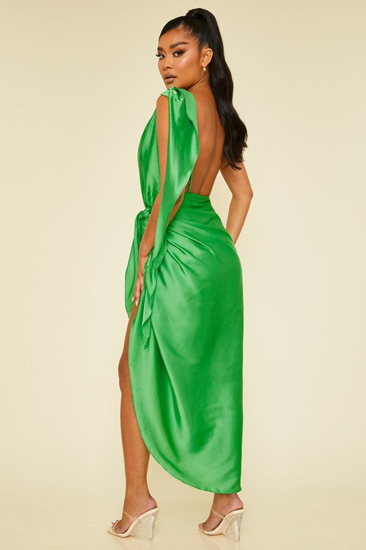 Green Satin One Shoulder Wrap Dress