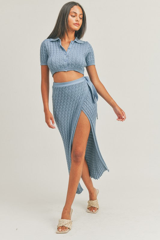 STYLED BY ALX COUTURE MIAMI BOUTIQUE Denim Knit Top Wrap Skirt Set