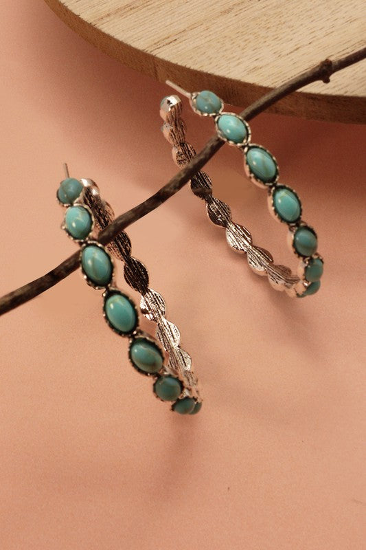 STYLED BY ALX COUTURE MIAMI BOUTIQUE Silver Western Turquoise Stone Hoop Earrings