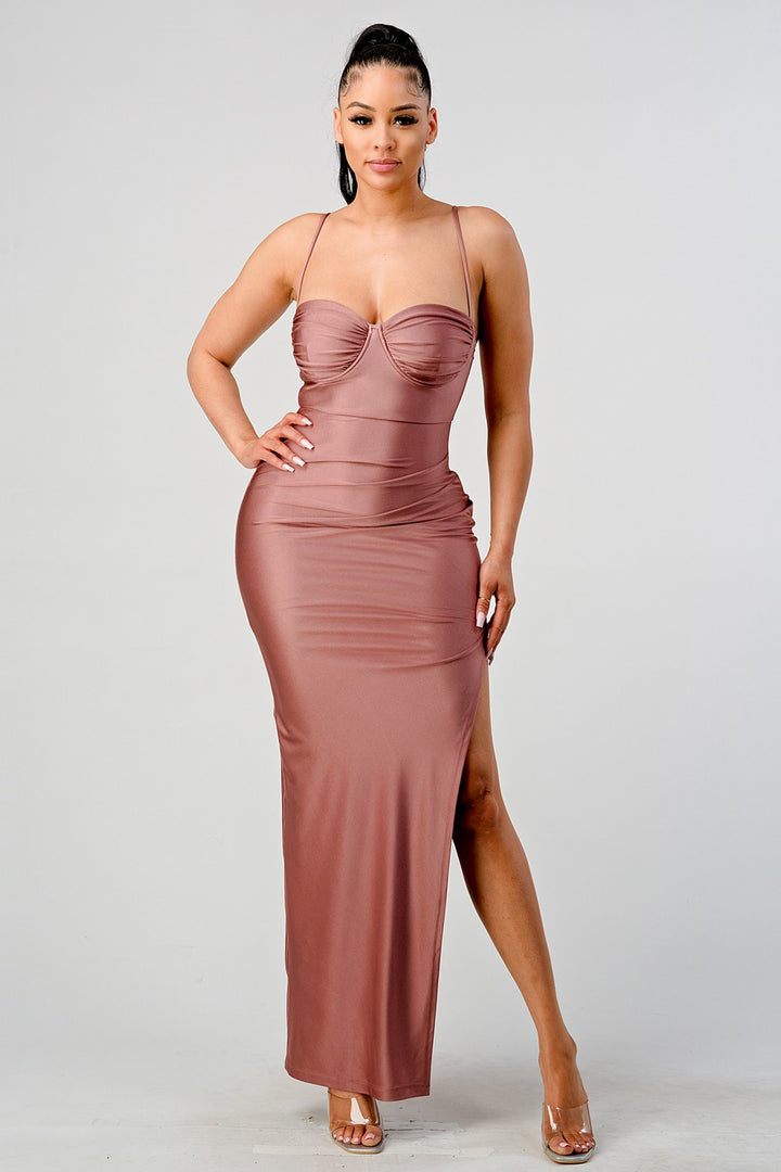 STYLED BY ALX COUTURE MIAMI BOUTIQUE Mauve Bustier Silhuette Ruched Maxi Dress