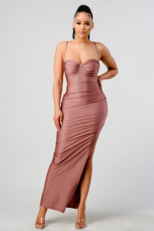 STYLED BY ALX COUTURE MIAMI BOUTIQUE Mauve Bustier Silhuette Ruched Maxi Dress 