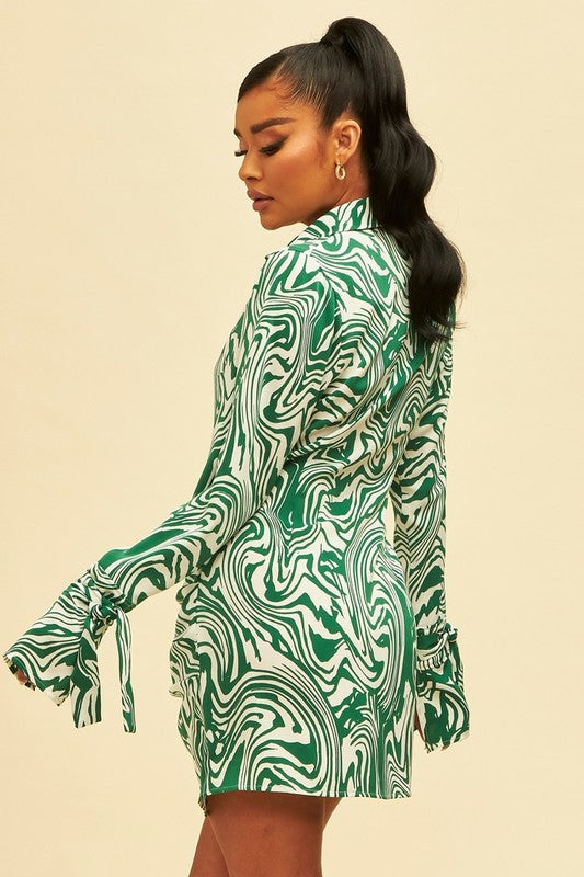 STYLED BY ALX COUTURE MIAMI BOUTIQUE Green Zebra Wrap Crinkle Shirt Dress