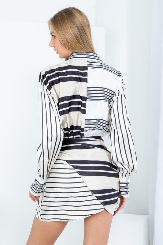 STYLED BY ALX COUTURE MIAMI BOUTIQUE White Khaki Mixed Striped Shirt Wrap Dress