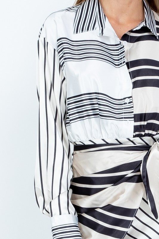 STYLED BY ALX COUTURE MIAMI BOUTIQUE White Khaki Mixed Striped Shirt Wrap Dress