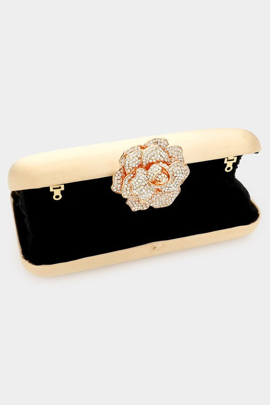 STYLED BY ALX COUTURE MIAMI BOUTIQUE Gold Rhinestone Pave Rose Clasp Clutch Bag