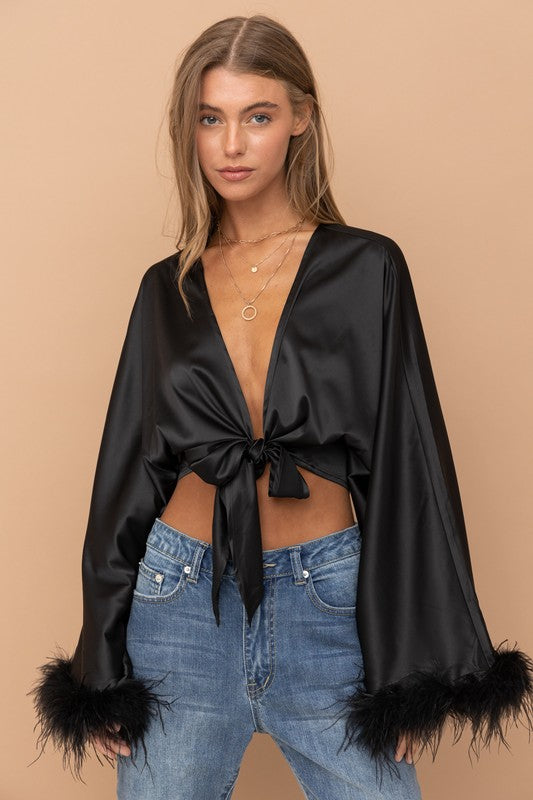 STYLED BY ALX COUTURE MIAMI BOUTIQUE Black Satin Crop Cardigan Fur Cuff